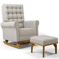 Poltrona De Amamentação Balanço E Puff Base De Madeira Brenda G05 Linho Bege - Mpozenato - 1