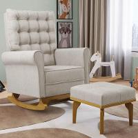 Poltrona De Amamentação Balanço E Puff Base De Madeira Brenda G05 Linho Bege - Mpozenato - 2