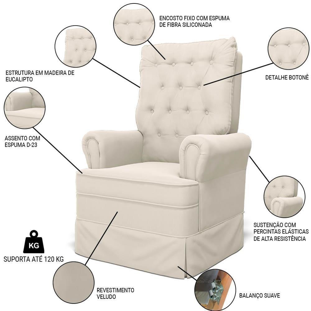 Poltrona De Amamentação E Descanso Com Balanço E Puff Laís G05 Veludo Creme - Mpozenato - 3