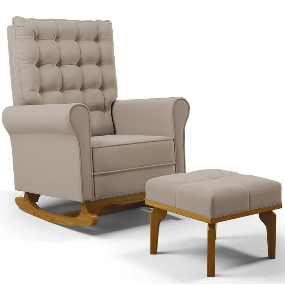 Poltrona De Amamentação Balanço E Puff Base De Madeira Brenda G05 Veludo Bege - Mpozenato - 1