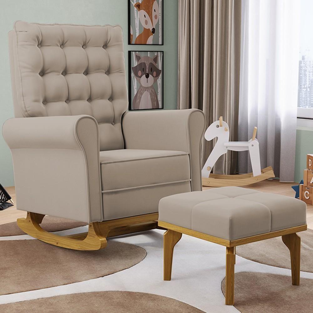 Poltrona De Amamentação Balanço E Puff Base De Madeira Brenda G05 Veludo Bege - Mpozenato - 2