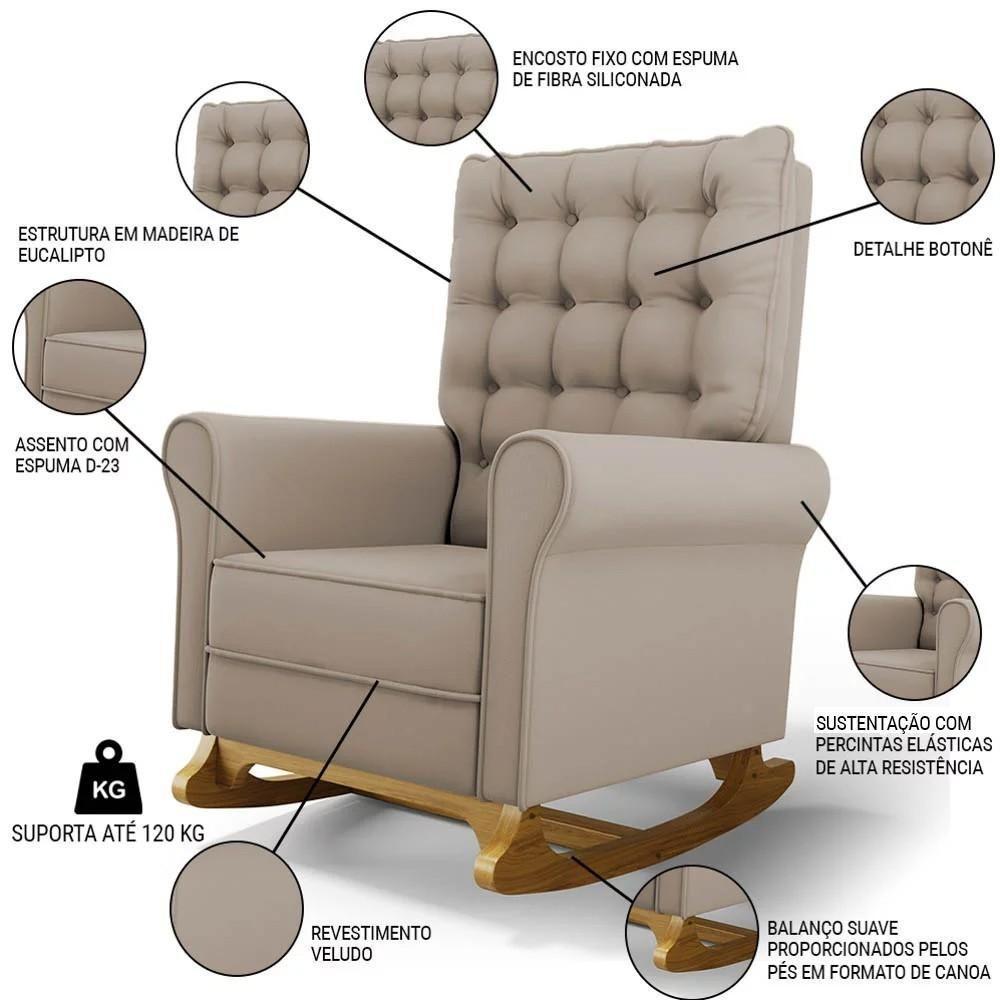 Poltrona De Amamentação Balanço E Puff Base De Madeira Brenda G05 Veludo Bege - Mpozenato - 3