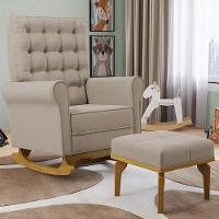 Poltrona De Amamentação Balanço E Puff Base De Madeira Brenda G05 Veludo Bege - Mpozenato - 2