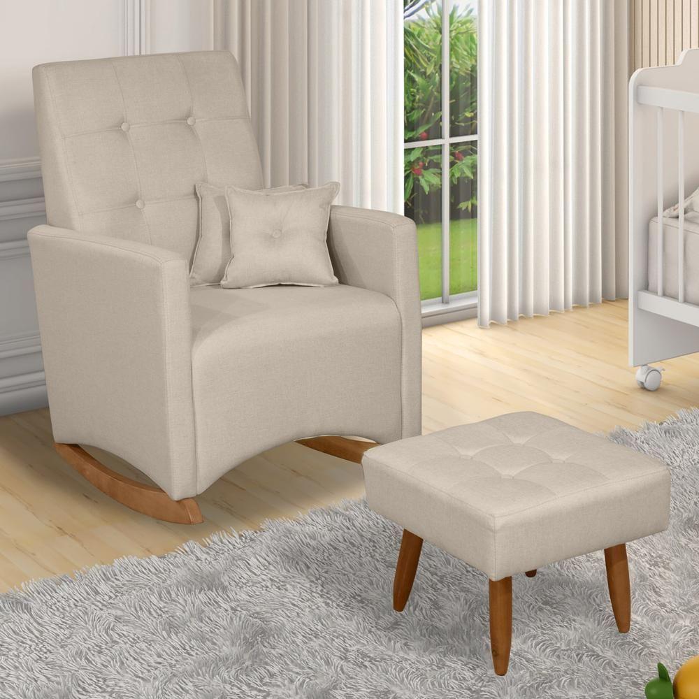 Poltrona Amamentação Base Balanço E Puff Lola Linho Bege F03 - Mpozenato - 2