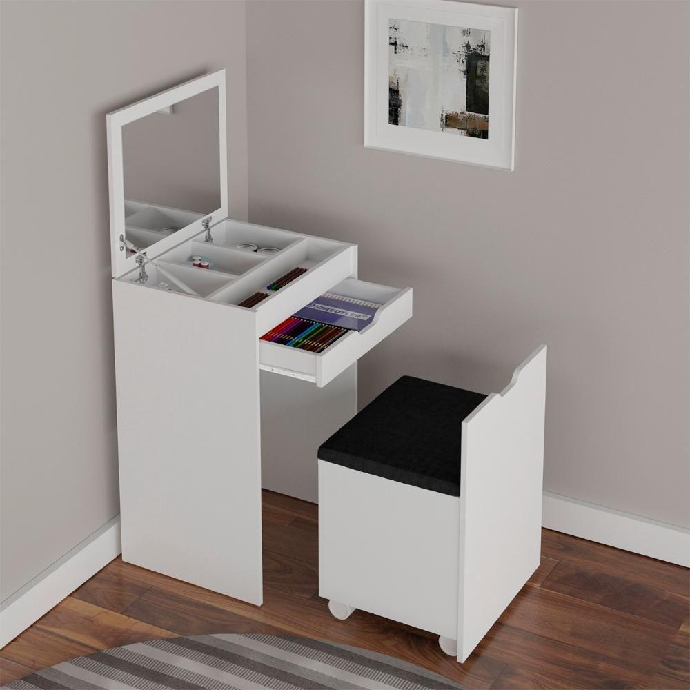 Penteadeira Com Espelho E Puff Baú Pe2007 Branco/preto 408 - Tecno Mobili - 2