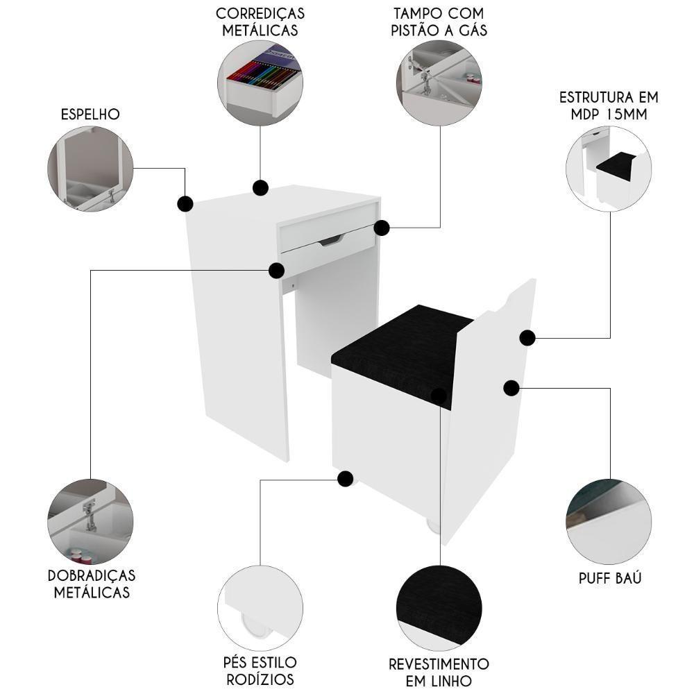 Penteadeira Com Espelho E Puff Baú Pe2007 Branco/preto 408 - Tecno Mobili - 3