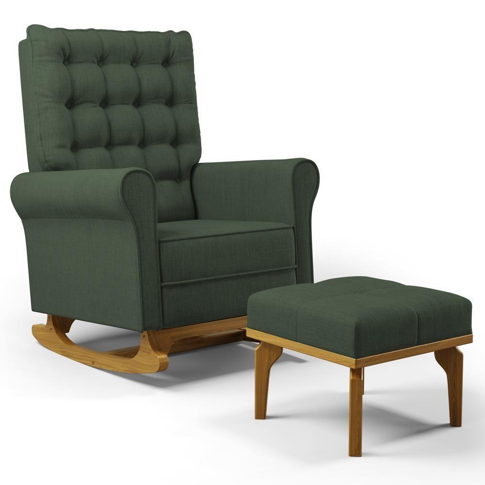 Poltrona De Amamentação Balanço E Puff Base De Madeira Brenda G05 Linho Verde - Mpozenato - 1