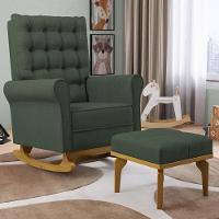 Poltrona De Amamentação Balanço E Puff Base De Madeira Brenda G05 Linho Verde - Mpozenato - 2