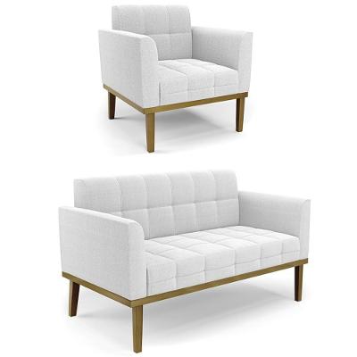 Kit Namoradeira E Poltrona Base Madeira Castanho Ana Bouclê Off White Tecido Bouclê Ibiza