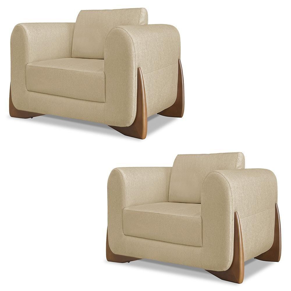 Poltrona Para Sala Base De Madeira Kit 2 Izzy S06 Linho Dourado - Mpozenato - 1
