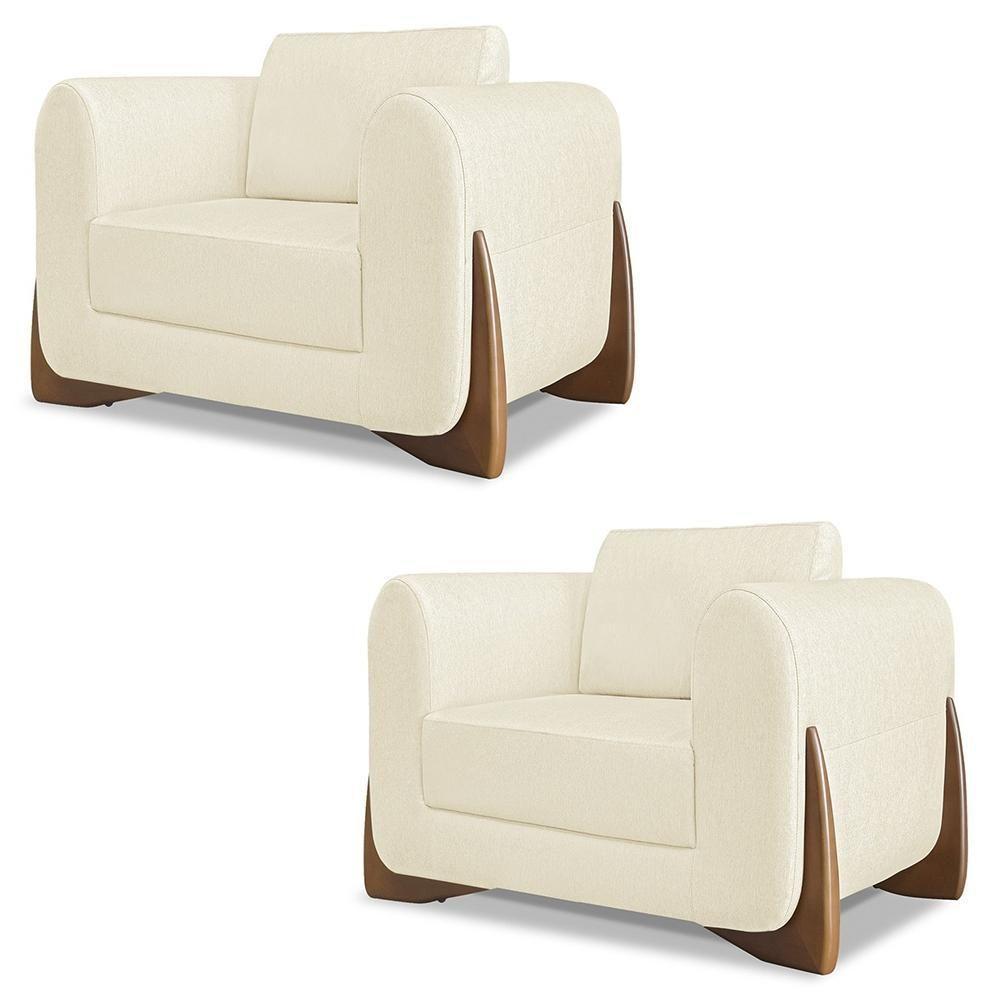 Poltrona Para Sala Base De Madeira Kit 2 Izzy S06 Linho Pérola - Mpozenato - 1