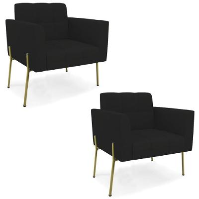 Kit 2 Poltronas Para Sala Ana Linho Preto Pés Metal Dourado Ibiza
