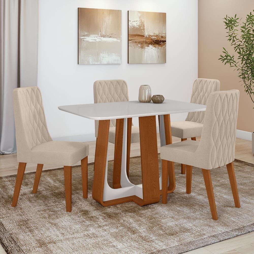 Conjunto Sala De Jantar Mesa Easy Pop 120x80cm Tampo Vidro/mdf Com 4 Cadeiras Seat Veludo Naturale Creme Frassino/off - 1
