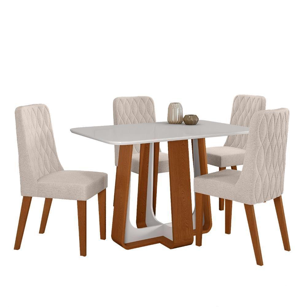 Conjunto Sala De Jantar Mesa Easy Pop 120x80cm Tampo Vidro/mdf Com 4 Cadeiras Seat Boucle Bege Frassino/off White - 2