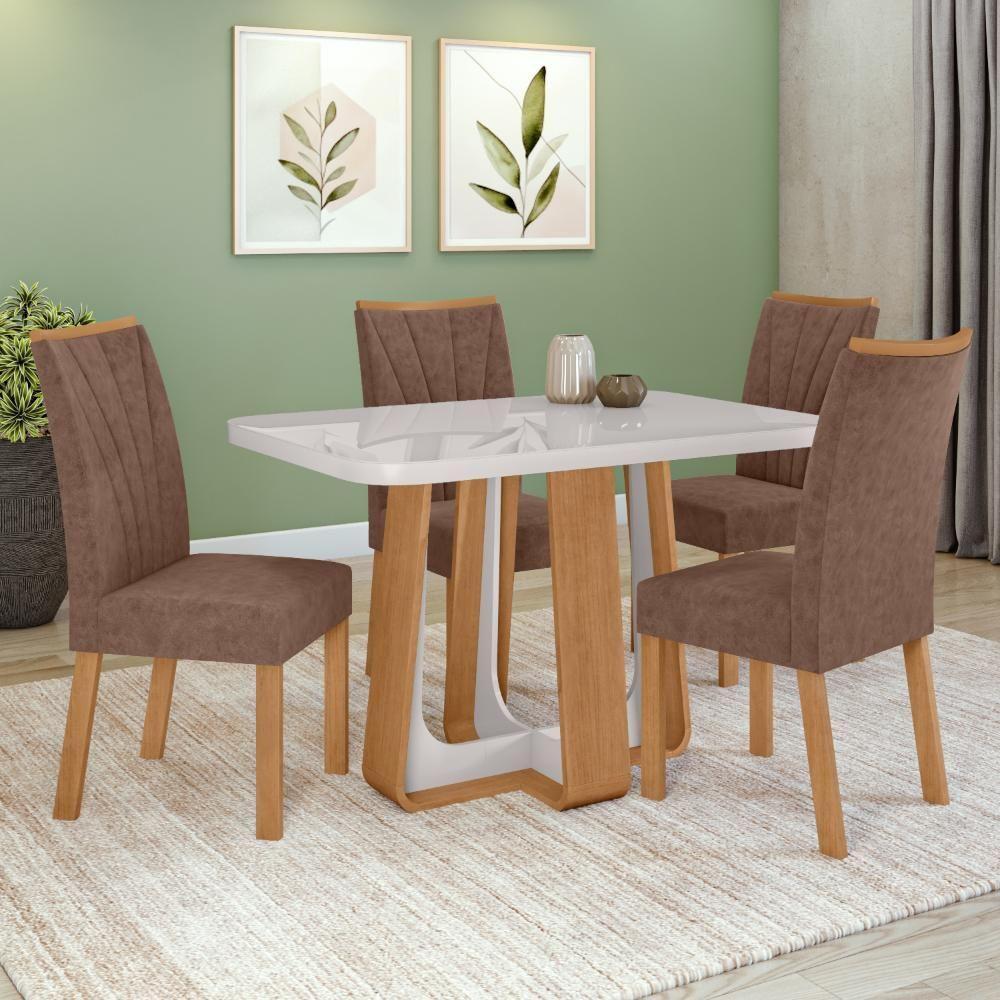 Conjunto Sala De Jantar Mesa Easy Pop 120x80cm Tampo Mdf 40mm Com 4 Cadeiras Confort Couro Morano Avelã Amêndoa/off - 1
