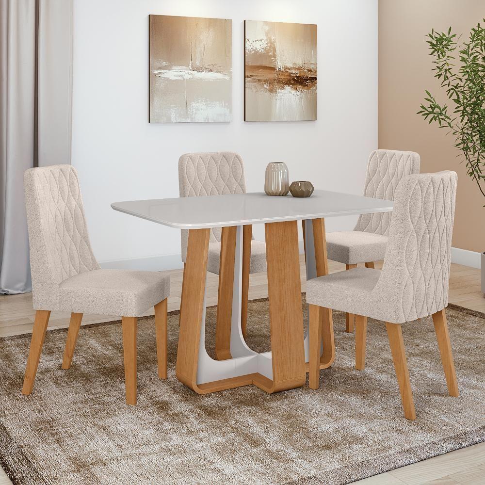 Conjunto Sala De Jantar Mesa Easy Pop 120x80cm Tampo Vidro/mdf Com 4 Cadeiras Seat Boucle Bege Amendoa Clean/off White - 1