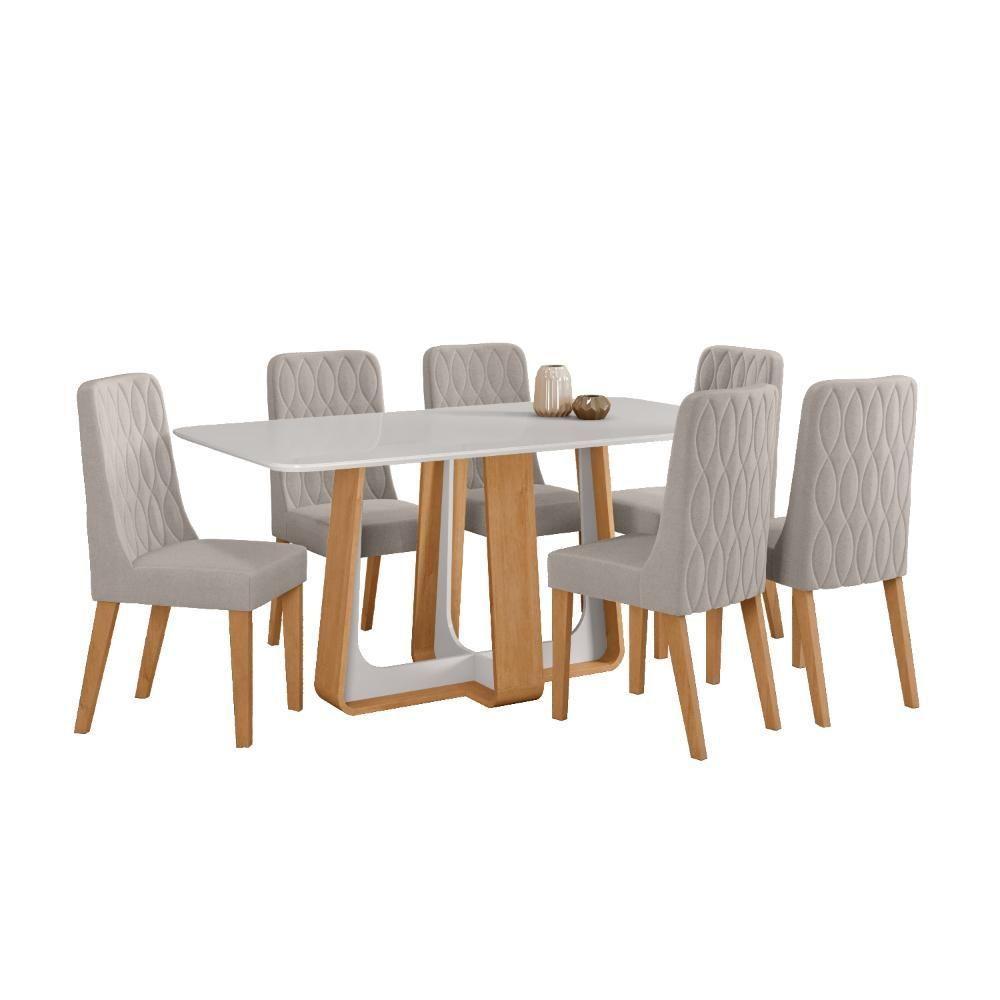 Conjunto Sala De Jantar Mesa Easy Pop 170x90cm Tampo Vidro/mdf Com 6 Cadeiras Seat Veludo Liso Capuccino Amendoa Off White - 2