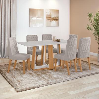 Conjunto Sala de Jantar Easy Pop 6 Lugares Tampo Vidro MDF com Cadeiras Veludo Capuccino Amendoa Off