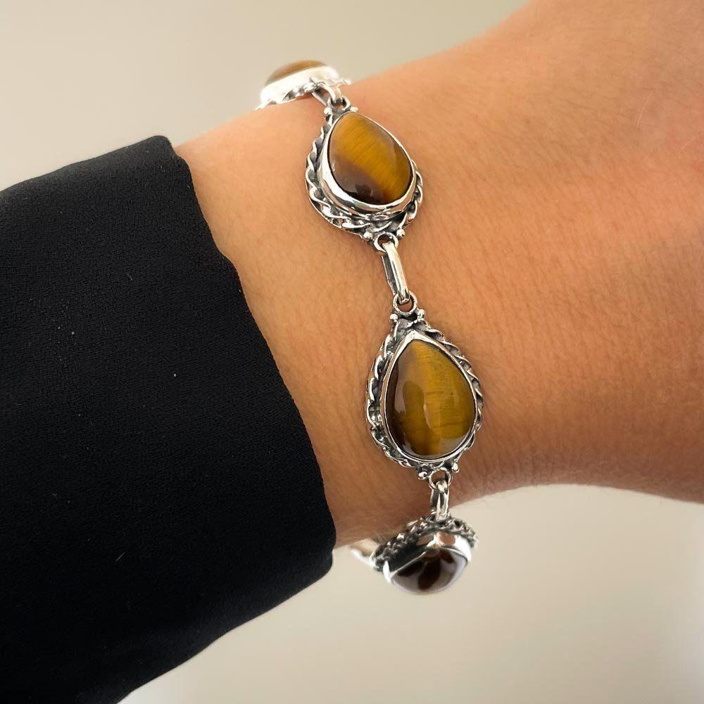 Pulseira Feminina Gotas De Olho De Tigre Em Prata De Bali 925 – Pedra Natural - 2