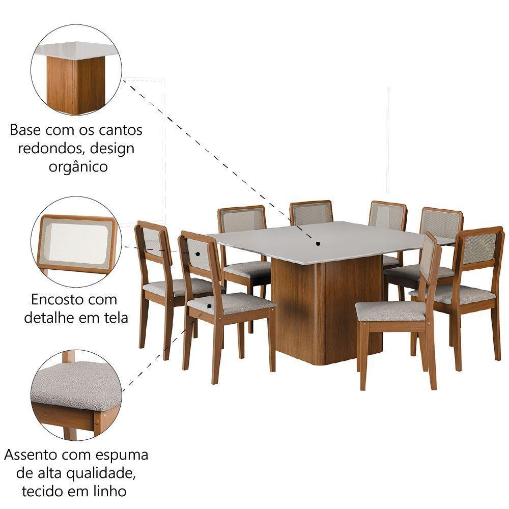 Conjunto Sala De Jantar Mesa Quadrada Montevideo 1,36m Com 8 Cadeiras Santiago Madeirado Off White - 5