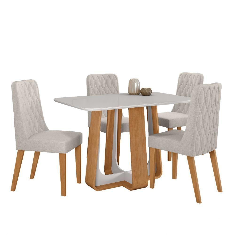 Conjunto Sala De Jantar Mesa Easy Pop 120x80cm Tampo Vidro/mdf Com 4 Cadeiras Seat Linho Mosaico Cinza Amendoa/off - 2