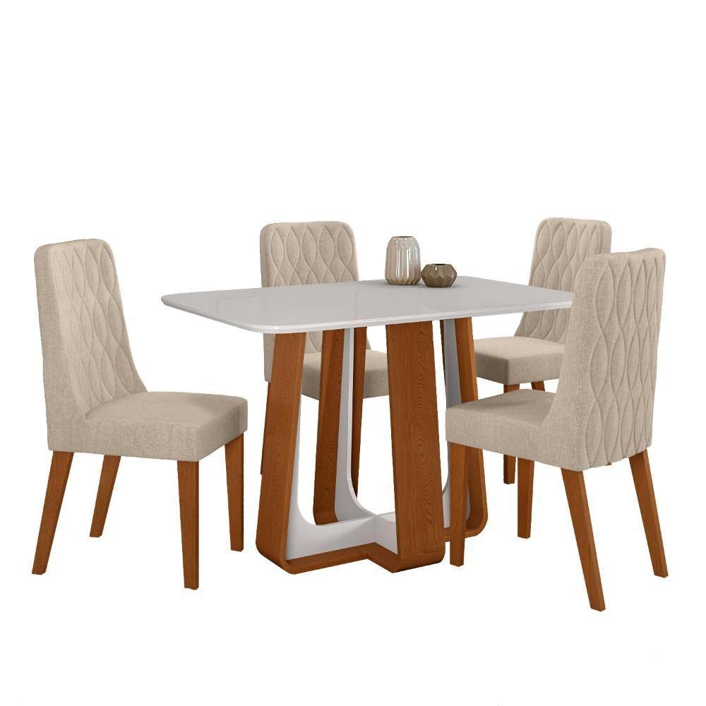 Conjunto Sala De Jantar Mesa Easy Pop 120x80cm Tampo Vidro/mdf Com 4 Cadeiras Seat Linho Bege Frassino/off White - 2