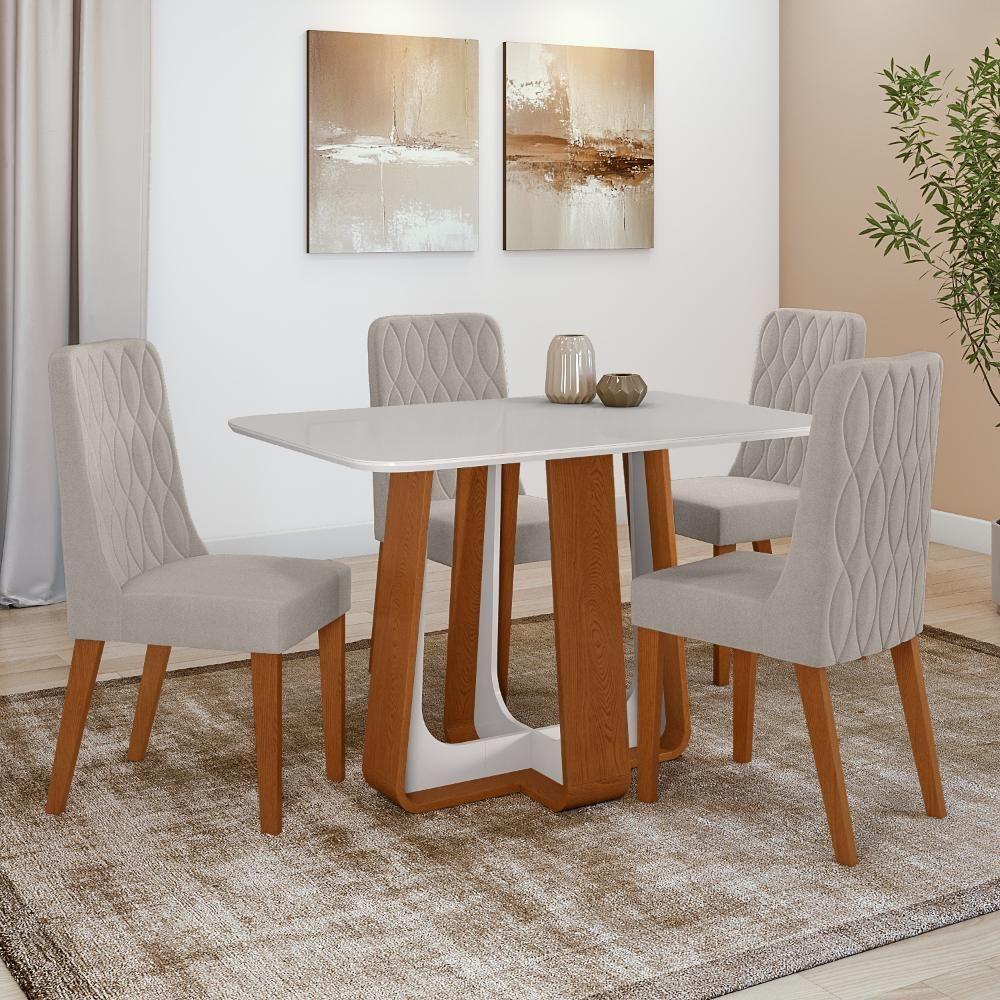Conjunto Sala De Jantar Mesa Easy Pop 120x80cm Tampo Vidro/mdf Com 4 Cadeiras Seat Veludo Capuccino Frassino/off - 1