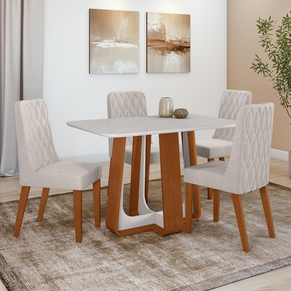 Conjunto Sala De Jantar Mesa Easy Pop 120x80cm Tampo Vidro/mdf Com 4 Cadeiras Seat Linho Mosaico Cinza Frassino/off - 1