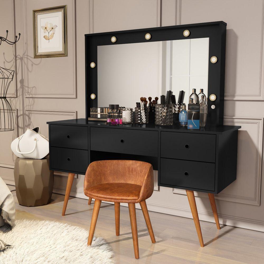 Penteadeira Camarim Com Espelho Led 5 Gavetas Banqueta Inclusa Courino Pé Madeira Preto - 3