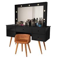 Penteadeira Camarim Com Espelho Led 5 Gavetas Banqueta Inclusa Courino Pé Madeira Preto - 1