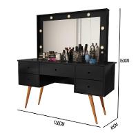 Penteadeira Camarim Com Espelho Led 5 Gavetas Banqueta Inclusa Courino Pé Madeira Preto - 2