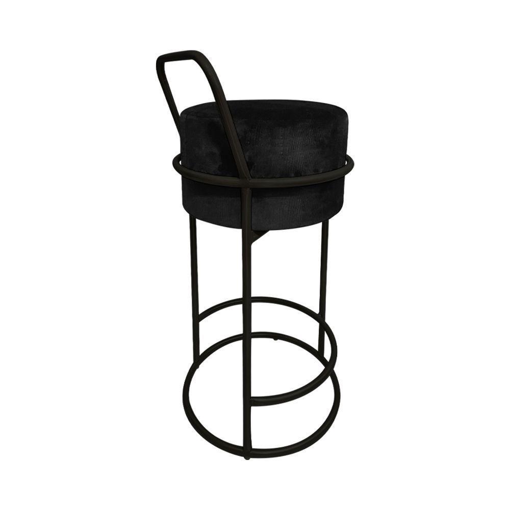 Kit 3 Banquetas Alta Redonda Base Preta Veludo - Preto - 3