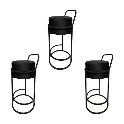 Kit 3 Banquetas Alta Redonda Base Preta Veludo - Preto