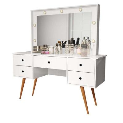 Penteadeira Camarim Com Led Espelho Bancada De Maquiagem Pé Madeira Retrô 5 Gaveta Branco