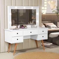 Penteadeira Camarim Com Led Espelho Bancada De Maquiagem Pé Madeira Retrô 5 Gaveta Branco - 2