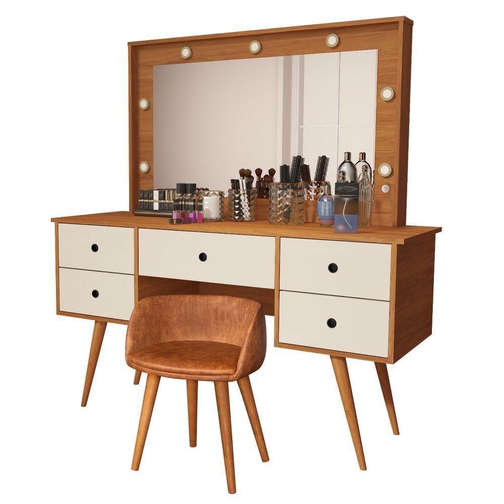 Penteadeira Camarim Com Espelho Led 5 Gavetas Banqueta Inclusa Courino Pé Madeira Nature/off White - 1