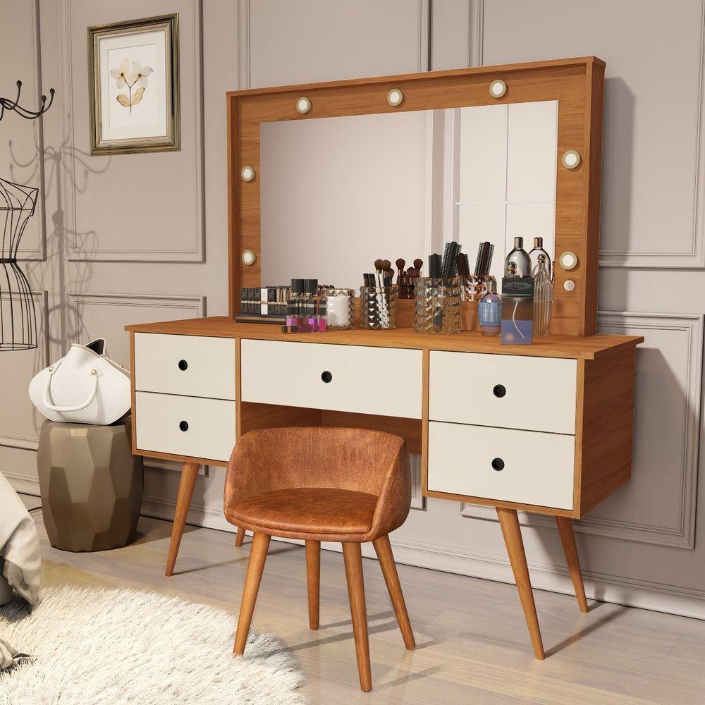 Penteadeira Camarim Com Espelho Led 5 Gavetas Banqueta Inclusa Courino Pé Madeira Nature/off White - 4