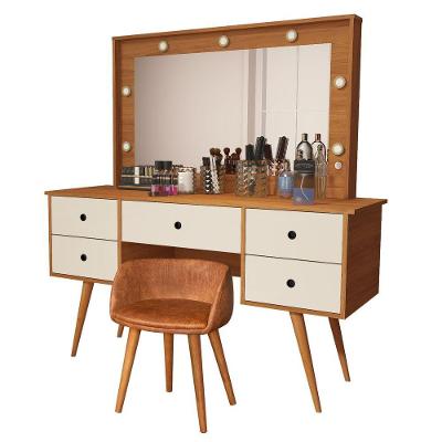 Penteadeira Camarim Com Espelho Led 5 Gavetas Banqueta Inclusa Courino Pé Madeira Nature/off White