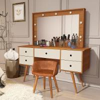 Penteadeira Camarim Com Espelho Led 5 Gavetas Banqueta Inclusa Courino Pé Madeira Nature/off White