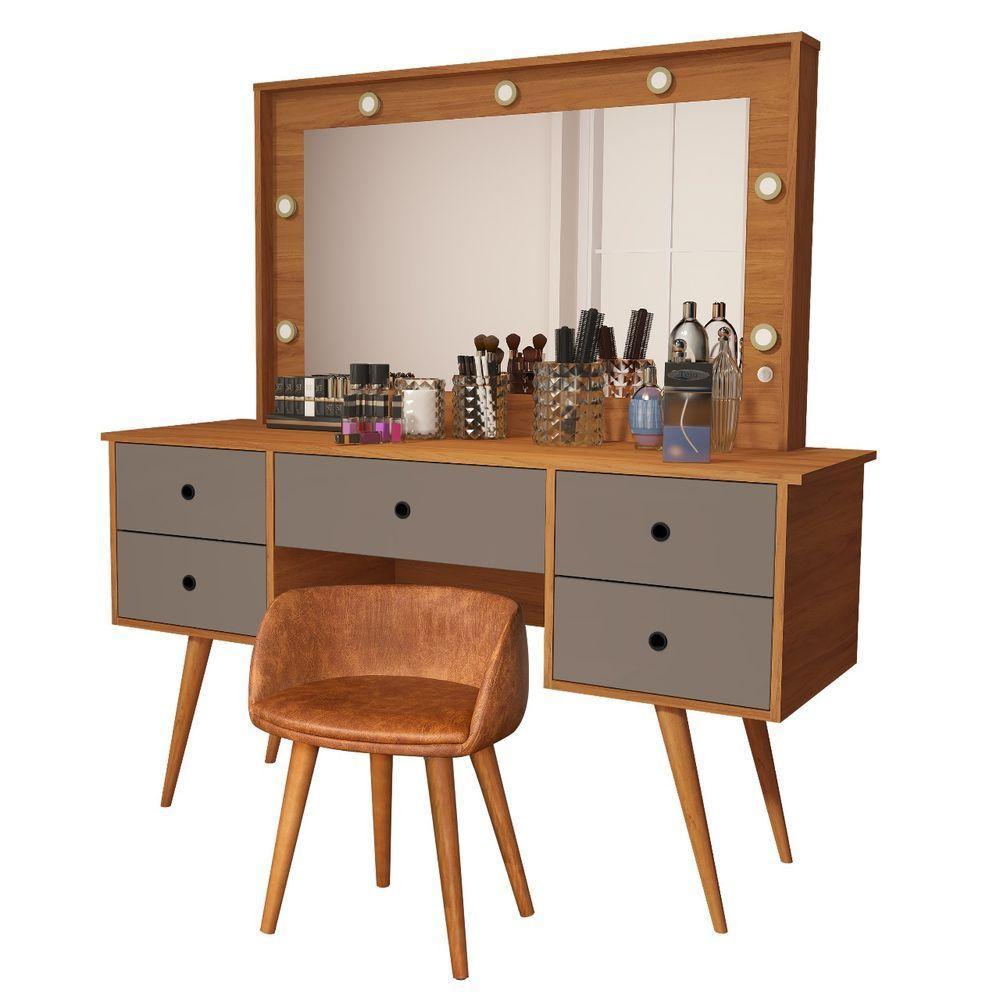Penteadeira Camarim Com Espelho Led 5 Gavetas Banqueta Inclusa Courino Pé Madeira Nature/griss - 1