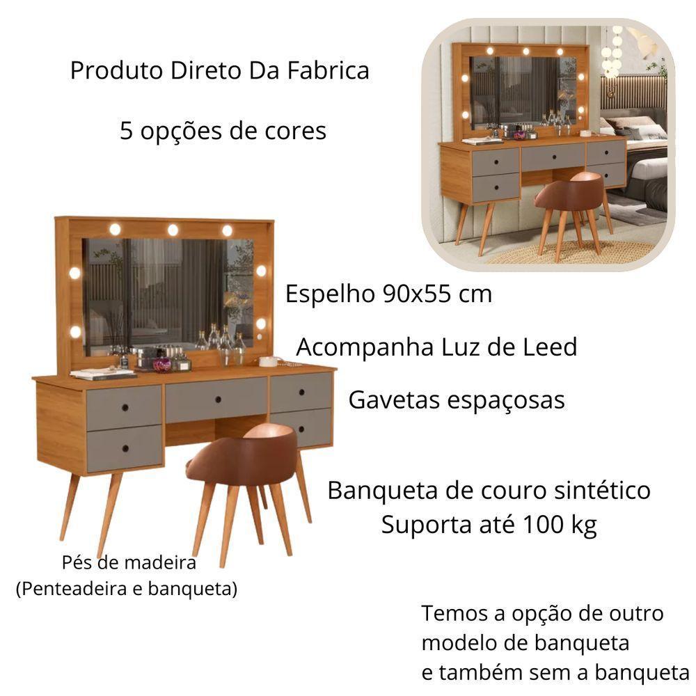 Penteadeira Camarim Com Espelho Led 5 Gavetas Banqueta Inclusa Courino Pé Madeira Nature/griss - 3