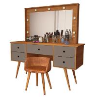 Penteadeira Camarim Com Espelho Led 5 Gavetas Banqueta Inclusa Courino Pé Madeira Nature/griss - 1