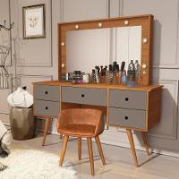 Penteadeira Camarim Com Espelho Led 5 Gavetas Banqueta Inclusa Courino Pé Madeira Nature/griss - 2