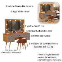 Penteadeira Camarim Com Espelho Led 5 Gavetas Banqueta Inclusa Courino Pé Madeira Nature/griss - 3