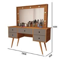 Penteadeira Camarim Com Espelho Led 5 Gavetas Banqueta Inclusa Courino Pé Madeira Nature/griss