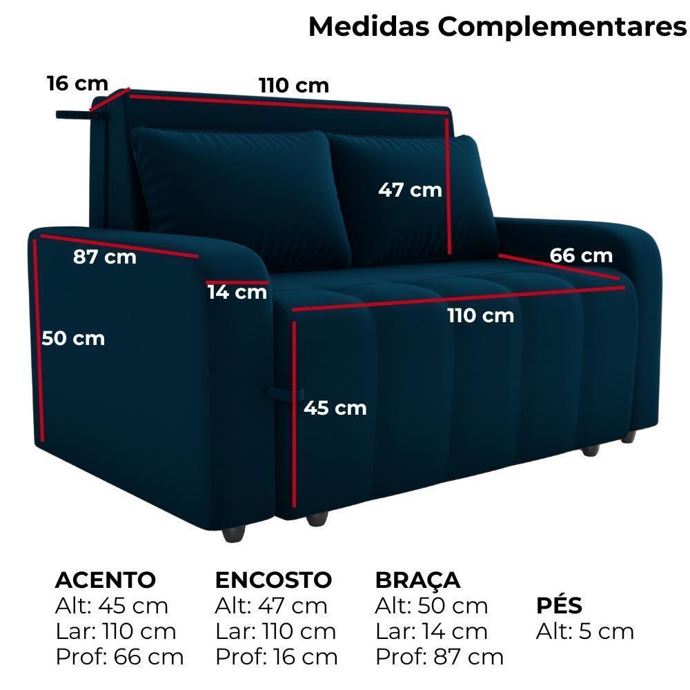 Sofa Cama 2 Lugares 138 Cm Amora New Veludo E433 Azul Milani Store Azul - 4