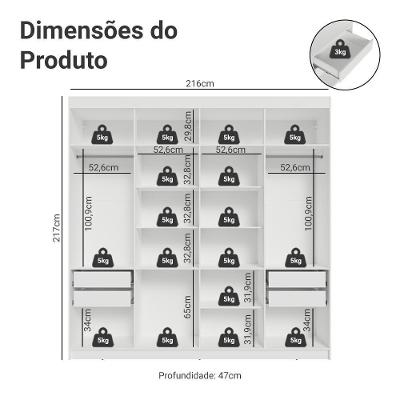 Guarda Roupa Casal Saturno 8 Portas Batentes com Espelho Branco-Branco-Preto Madesa