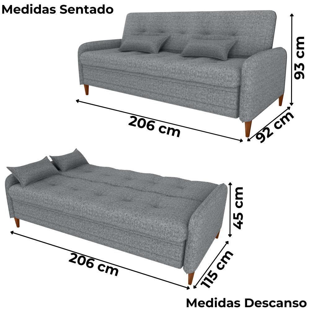 Sofa Cama 2 Lugares 206 Cm Donna Linho Vancouver E487 Cinza Milani Store Cinza - 3