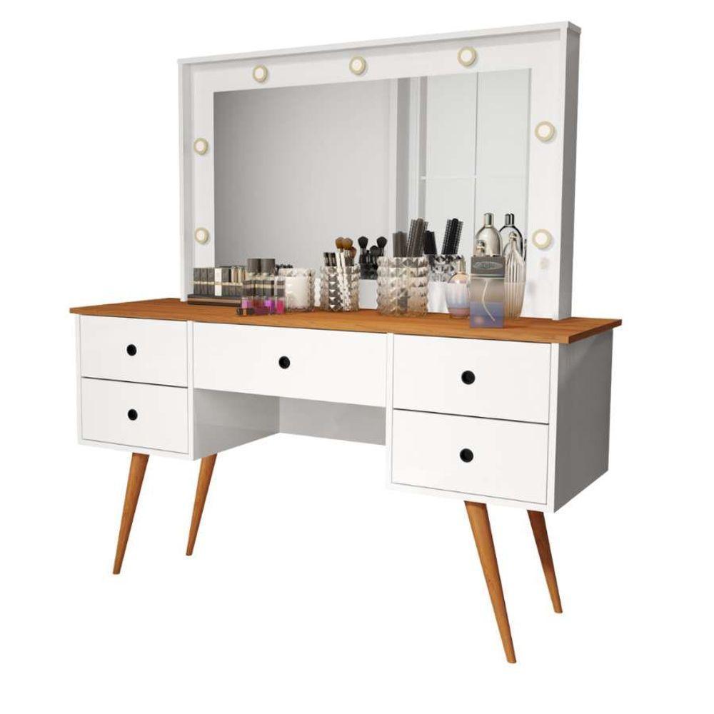 Penteadeira Camarim Com Led Espelho Bancada De Maquiagem Pé Madeira Retrô 5 Gaveta Branco / Nature - 1