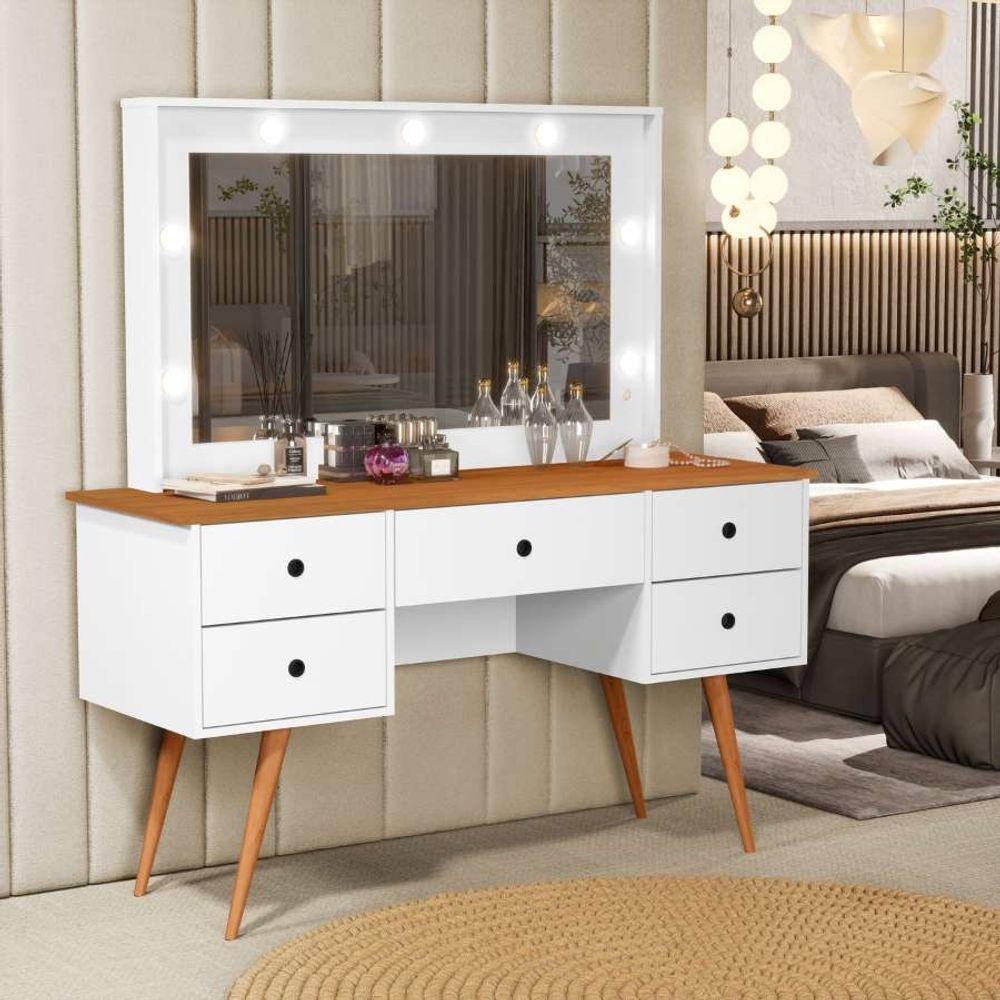Penteadeira Camarim Com Led Espelho Bancada De Maquiagem Pé Madeira Retrô 5 Gaveta Branco / Nature - 2